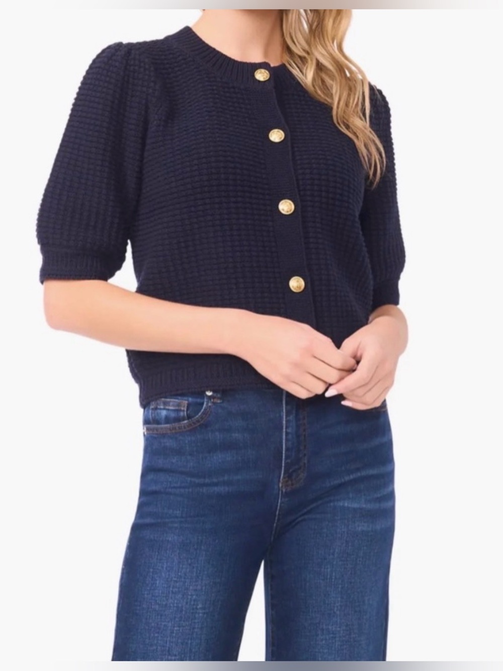 Terra & Sky | Navy Knit Button-Front Women’s Sweater gold buttons size Large-XL
